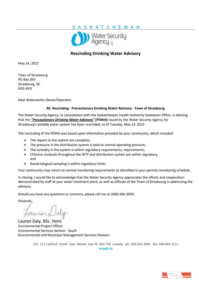 Canada Saskatchewan Strasbourg Water Security Agency water utility shut off notice